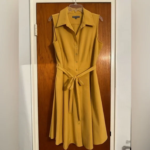 Sharagano Yellow Gold Sleeveless Midi Dress Notched Collar - Picture 1 of 5